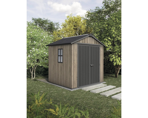 Gartenschuppen mit Doppeltür, Fenster und Satteldach im Garten