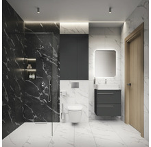 Salle de bains moderne avec douche, meuble sous-lavabo, armoire de toilette et WC suspendu