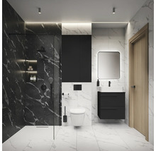 Salle de bains moderne avec douche, lavabo, armoire de toilette et WC