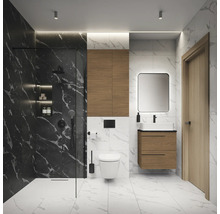 Salle de bain moderne avec douche, lavabo, armoire de toilette et WC