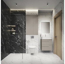 Salle de bain moderne avec douche, toilettes, lavabo et miroir