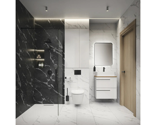 Salle de bain moderne avec douche, toilettes, lavabo et miroir