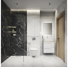 Salle de bain moderne avec douche, toilettes, meuble sous-lavabo et miroir