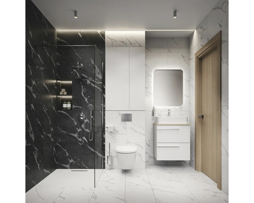 Salle de bain moderne avec douche, toilettes, meuble sous-lavabo et miroir