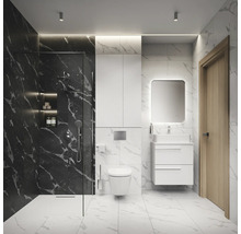 Salle de bains moderne avec douche, toilettes, lavabo et miroir