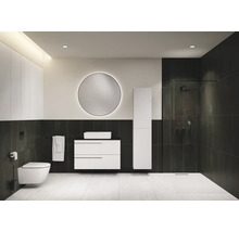 Modernes Badezimmer mit Toilette, Waschtisch, Spiegel und Dusche.