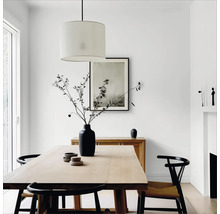 Esszimmer mit Holztisch, Stühlen, Leuchte und Dekoration