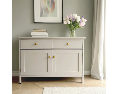 Kommode mit zwei Schubladen, zwei Türen und Dekorationsgegenständen