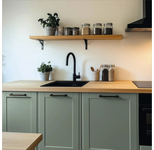 Küchenszene mit Spüle, Arbeitsplatte und Regalen