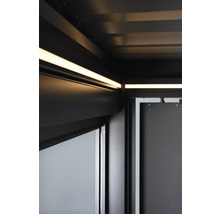 Innenansicht einer Sauna mit Deckenleuchten und Glastür