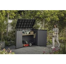 Garten Szene mit einer Frau die eine Kiste mit Pflanzen neben einem Geräteschrank trägt, der mit Gartengeräten und einem Rasenmäher gefüllt ist