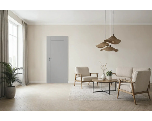 Salon avec porte intérieure, coin salon et décoration