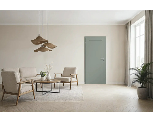 Salon avec canapé, fauteuils, table et porte intérieure