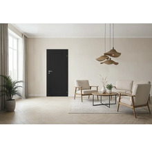 Salon avec porte intérieure noire, sièges et plante d'intérieur