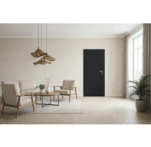 Salon avec canapé, fauteuils, table basse, suspensions et porte intérieure