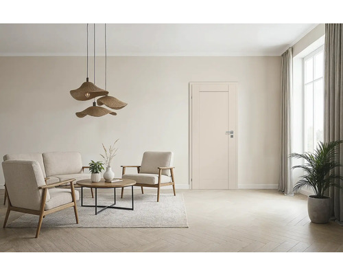 Salon avec canapé, fauteuils, tapis, table, lampe, plante d'intérieur et porte intérieure