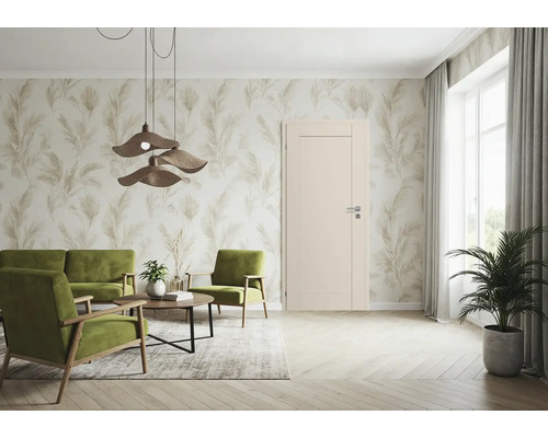 Salon avec canapé, fauteuil, table, suspension, porte et plante d'intérieur