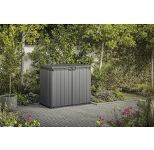 Graue Gerätebox im Garten mit umliegender Vegetation