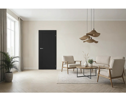 Wohnzimmer mit schwarzer Innentür, Sitzgruppe und Pendelleuchte