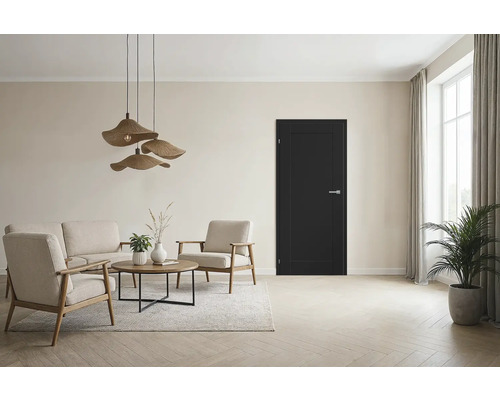 Wohnzimmer mit Sofa, Sesseln, Couchtisch und schwarzer Innentür