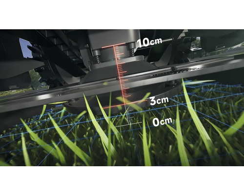 Detailansicht eines Rasenmähers mit Anzeige der Schnitthöhe zwischen null und zehn Zentimetern