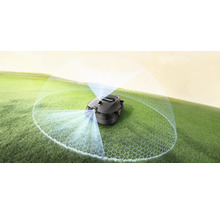 Rasenmähroboter auf einer Rasenfläche mit Sensorvisualisierung