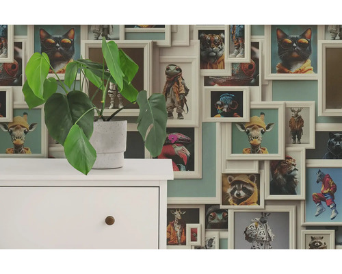 Papier peint décoratif avec des motifs d'animaux dans des cadres