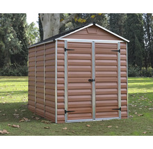 Gartenschuppen aus Kunststoff mit Doppeltür auf einer Rasenfläche.