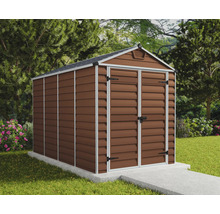 Gartenschuppen aus Metall mit Doppeltür und Satteldach im Garten