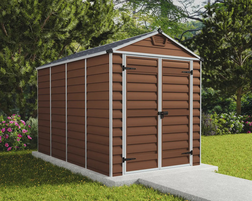 Gartenschuppen aus Metall mit Doppeltür und Satteldach im Garten