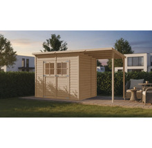 Holzgartenhaus mit Doppeltür und Anbau auf einer Terrasse in einem Garten.