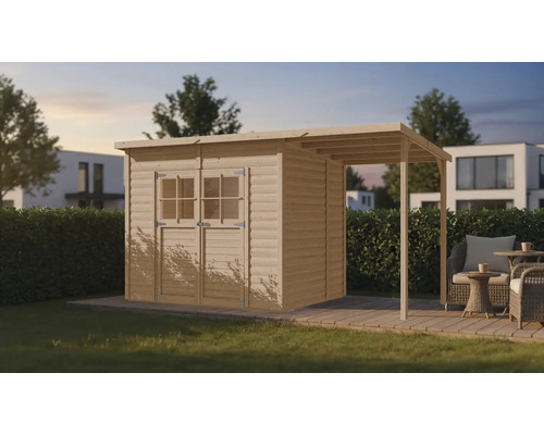 Holzgartenhaus mit Doppeltür und Anbau auf einer Terrasse in einem Garten.