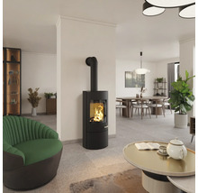 Salon avec poêle à bois, fauteuil et table à manger