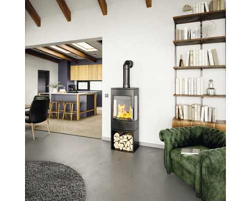 Salon avec poêle à bois, étagère en bois et rembourrage vert