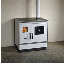 Cuisinière blanche avec plaque de cuisson et chambre de combustion avec flammes