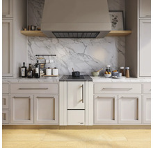 Scène de cuisine avec hotte aspirante, plaque de cuisson, plan de travail et armoires dans un design clair et convivial.