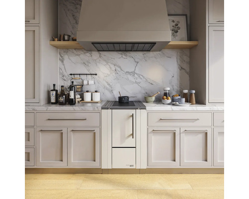 Scène de cuisine avec hotte aspirante, plaque de cuisson, plan de travail et armoires dans un design clair et convivial.