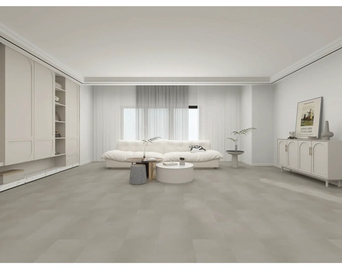 Wohnzimmer mit Sofa, Schränken und Bodenbelag