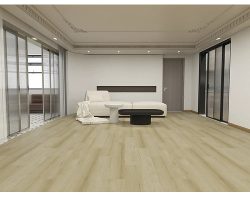 Salon lumineux avec canapé, table basse et portes coulissantes