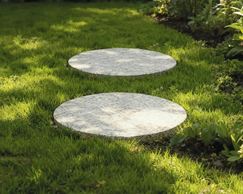 Deux pas japonais ronds en pierre dans la pelouse