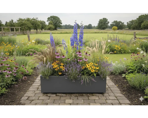 Rechteckiger Pflanzkasten mit verschiedenen Blumen und Gräsern im Garten