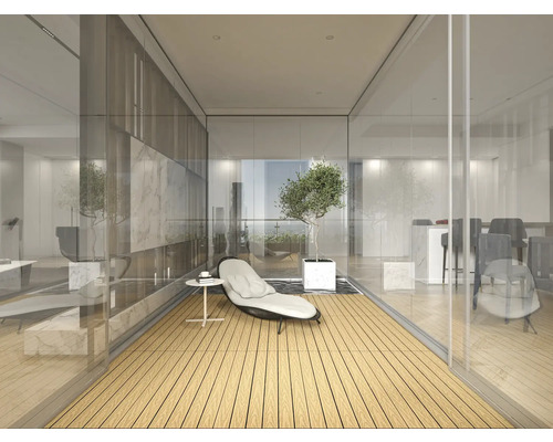 Pièce lumineuse avec coin salon, table et plante au design moderne.