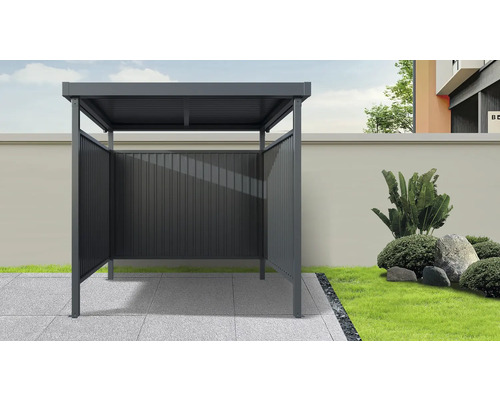 Abri de jardin moderne avec élément de paroi arrière fermé sur surface pavée