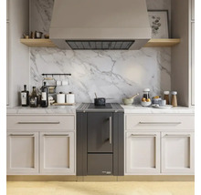 Scène de cuisine avec cuisinière, hotte, armoires de cuisine et plan de travail