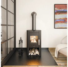 Salon moderne avec poêle à bois noir, bûches et serviteur de cheminée