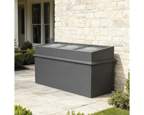 Graue Gartenbox aus Holz mit Deckel zur Aufbewahrung im Freien