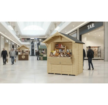 Stand de vente en bois avec étagères pour la présentation des produits dans un centre commercial