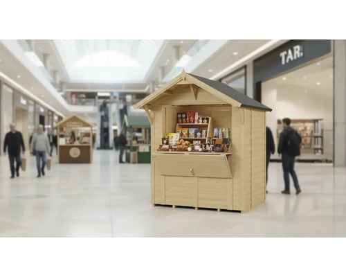 Stand de vente en bois avec étagères pour la présentation des produits dans un centre commercial
