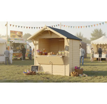 Stand de vente en bois lors d'un événement avec des food trucks et des tentes