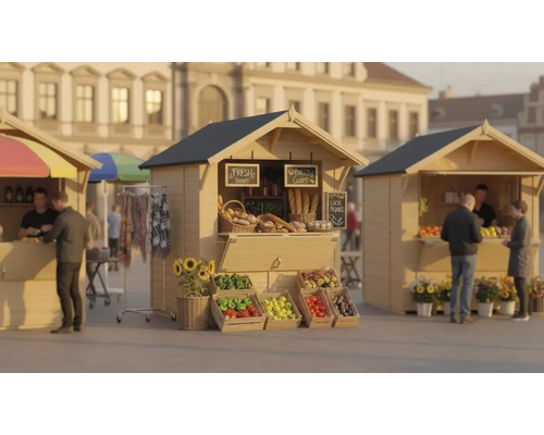 Place de marché avec stands en bois pour produits alimentaires et marchandises